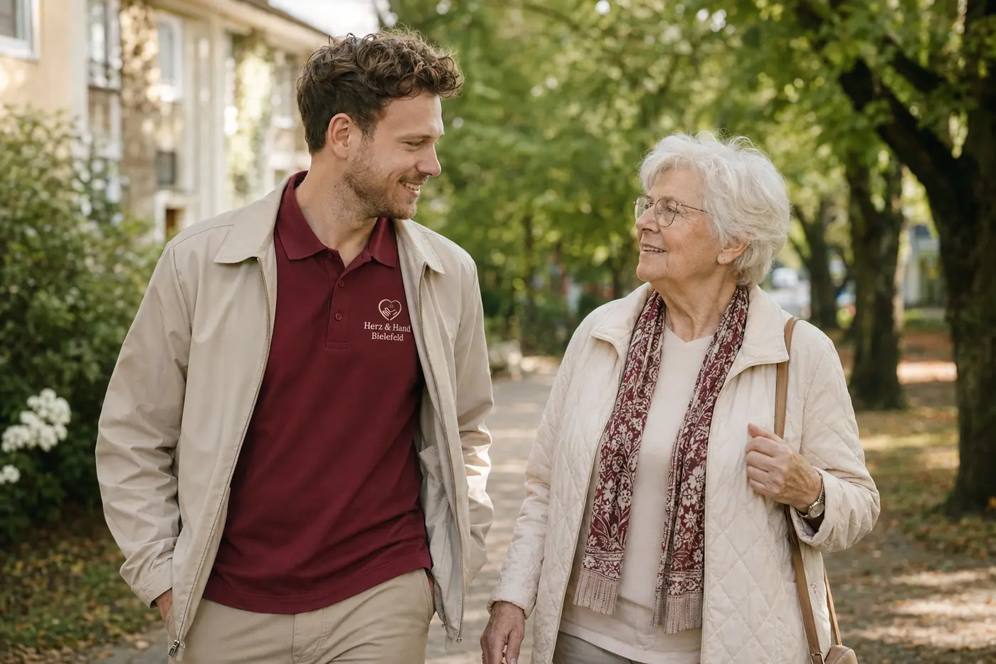 Alltagsbegleiter von Herz & Hand Bielefeld bei einem Spaziergang mit einer Seniorin