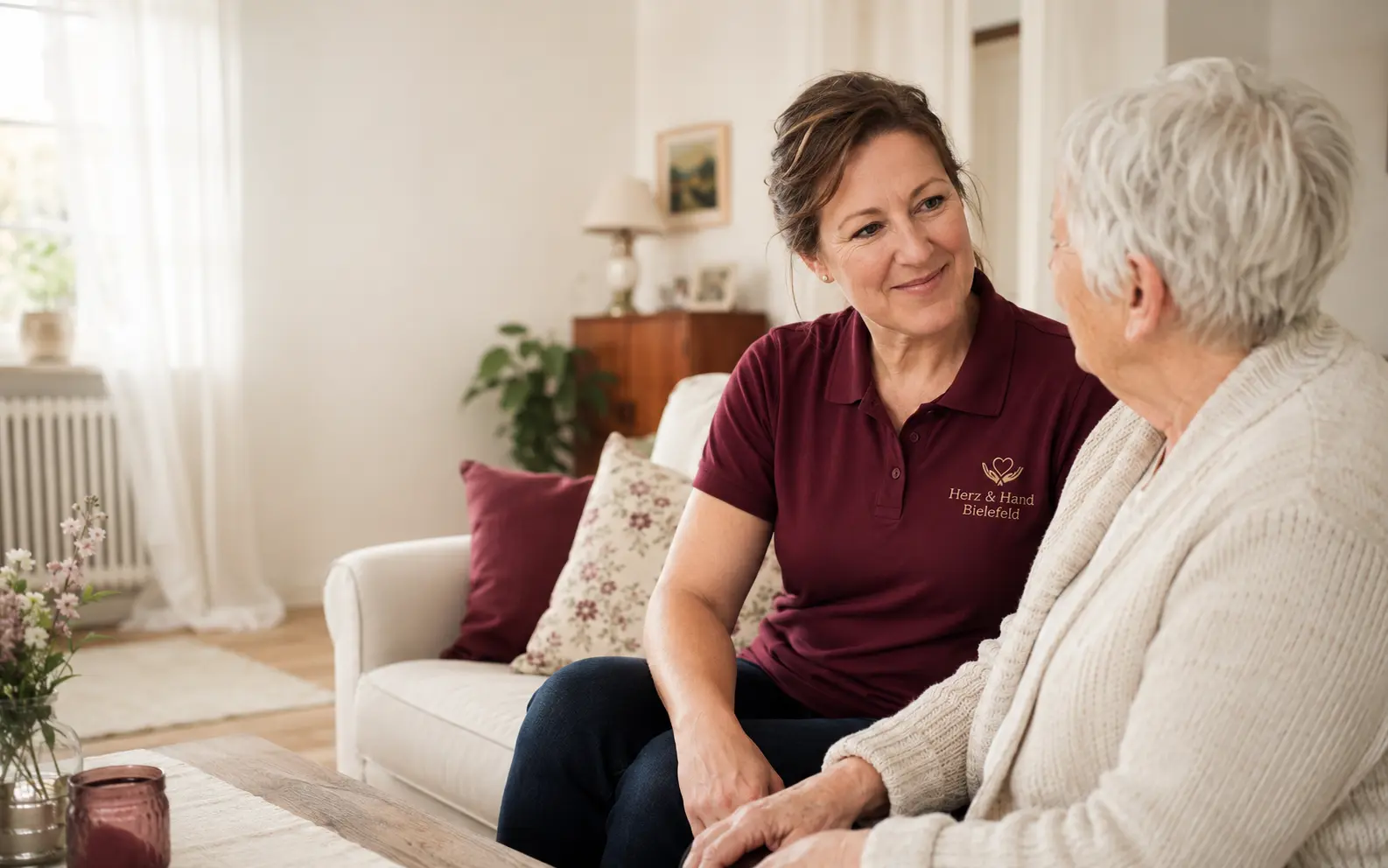 Persönliches Gespräch zwischen einer Mitarbeiterin von Herz & Hand Bielefeld und einer Seniorin